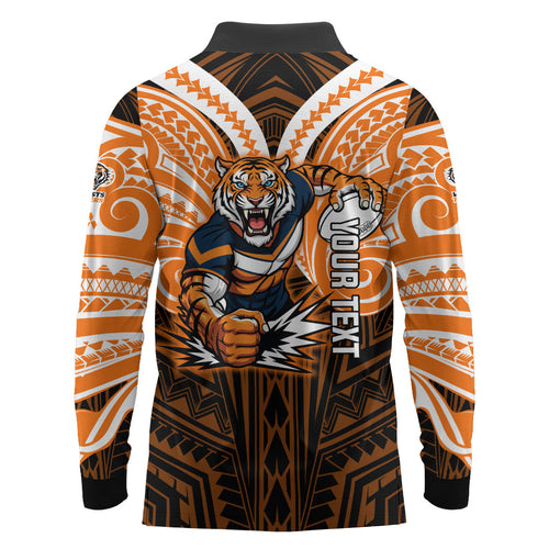 Custom Wests Tigers Long Sleeve Polo Shirt TigerWarrior Polynesia Islander Rugby Mascot