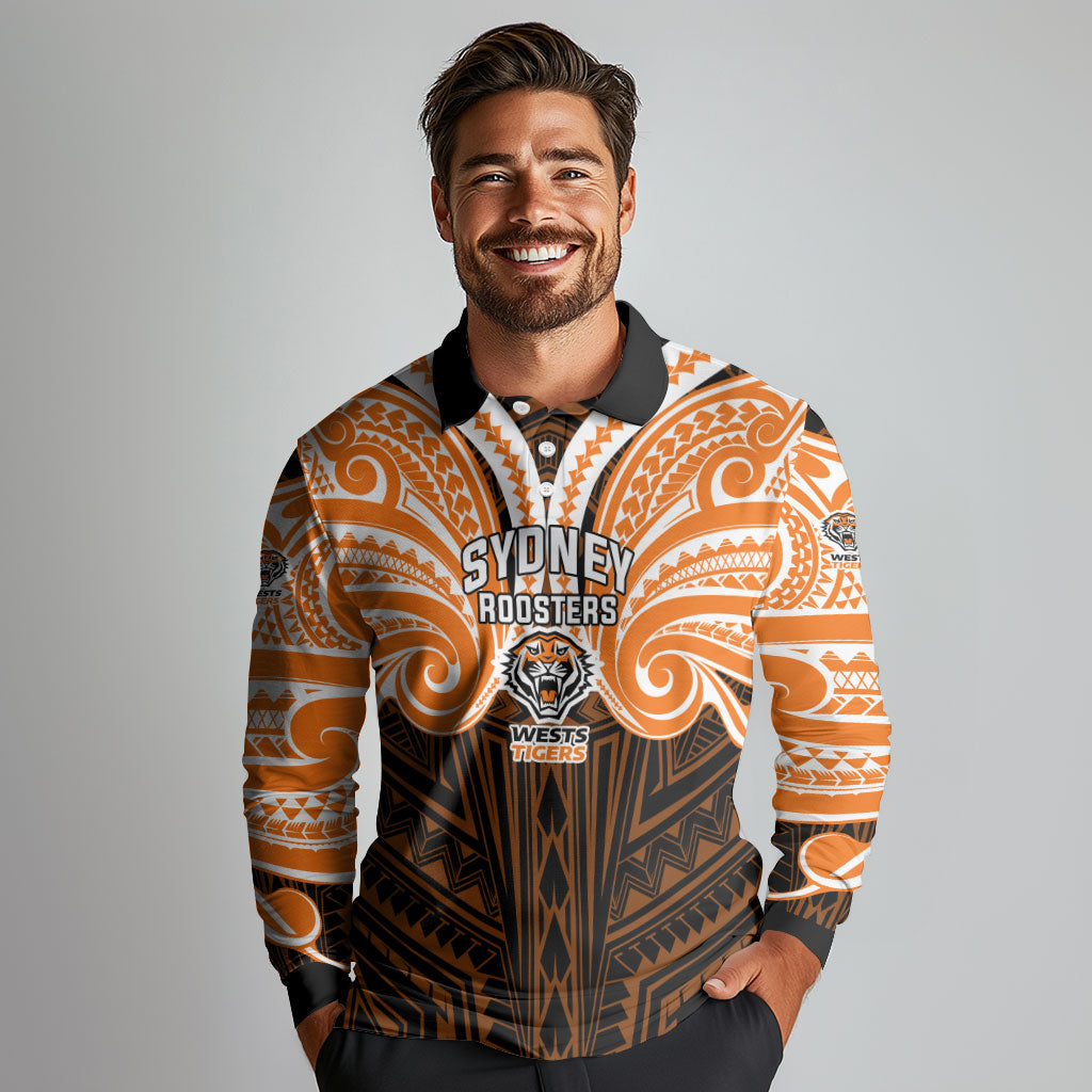 Custom Wests Tigers Long Sleeve Polo Shirt TigerWarrior Polynesia Islander Rugby Mascot