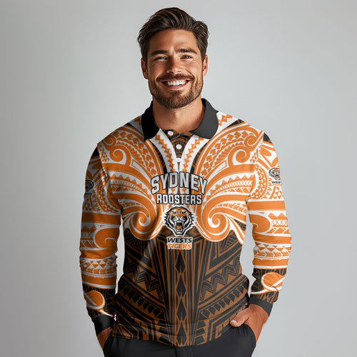 Custom Wests Tigers Long Sleeve Polo Shirt TigerWarrior Polynesia Islander Rugby Mascot