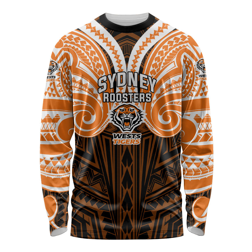 Custom Wests Tigers Long Sleeve Shirt TigerWarrior Polynesia Islander Rugby Mascot