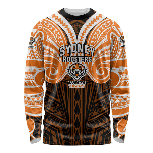 Custom Wests Tigers Long Sleeve Shirt TigerWarrior Polynesia Islander Rugby Mascot