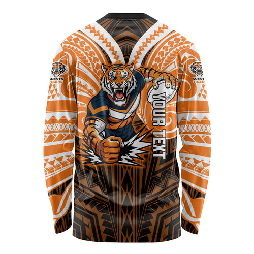 Custom Wests Tigers Long Sleeve Shirt TigerWarrior Polynesia Islander Rugby Mascot