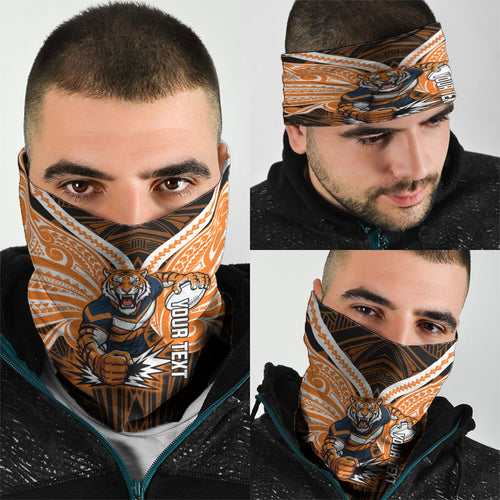 Custom Wests Tigers Neck Gaiter TigerWarrior Polynesia Islander Rugby Mascot