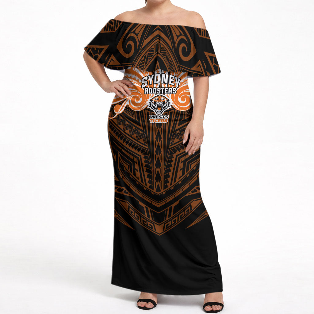 Custom Wests Tigers Off Shoulder Maxi Dress TigerWarrior Polynesia Islander Rugby Mascot