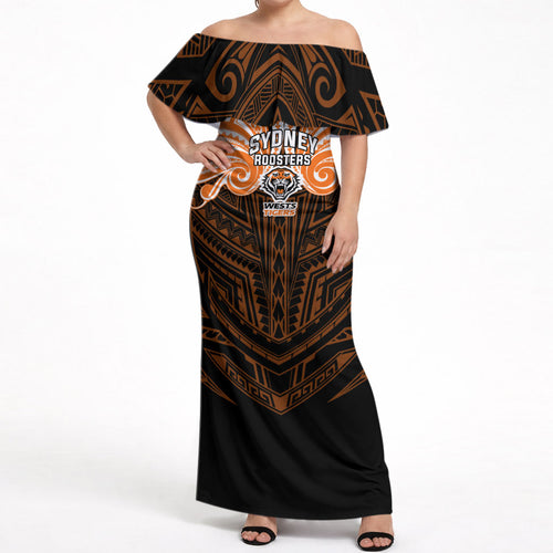 Custom Wests Tigers Off Shoulder Maxi Dress TigerWarrior Polynesia Islander Rugby Mascot