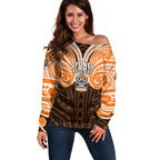 Custom Wests Tigers Off Shoulder Sweater TigerWarrior Polynesia Islander Rugby Mascot