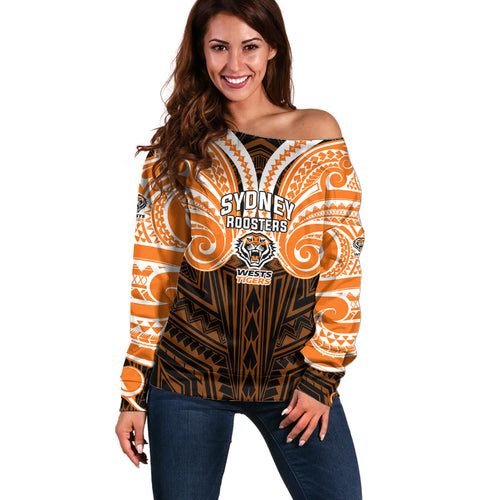 Custom Wests Tigers Off Shoulder Sweater TigerWarrior Polynesia Islander Rugby Mascot