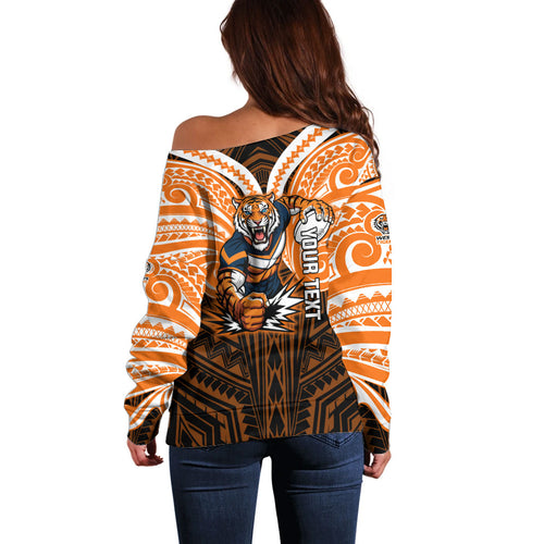 Custom Wests Tigers Off Shoulder Sweater TigerWarrior Polynesia Islander Rugby Mascot