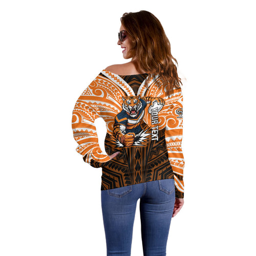 Custom Wests Tigers Off Shoulder Sweater TigerWarrior Polynesia Islander Rugby Mascot