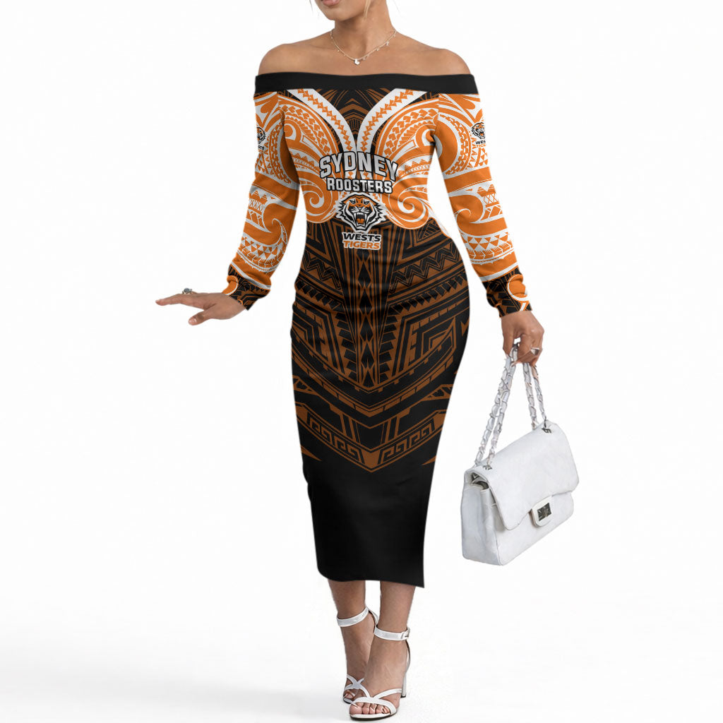 Custom Wests Tigers Off The Shoulder Long Sleeve Dress TigerWarrior Polynesia Islander Rugby Mascot