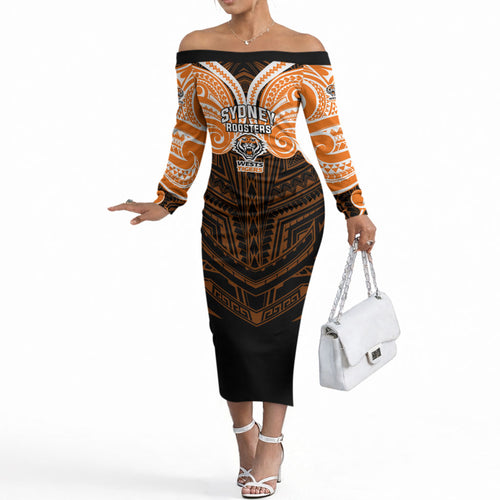 Custom Wests Tigers Off The Shoulder Long Sleeve Dress TigerWarrior Polynesia Islander Rugby Mascot