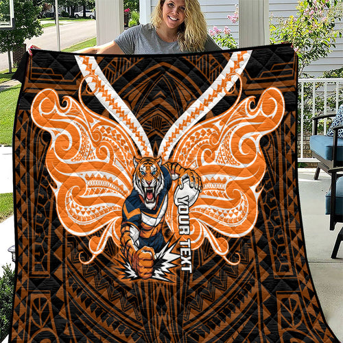 Custom Wests Tigers Quilt TigerWarrior Polynesia Islander Rugby Mascot