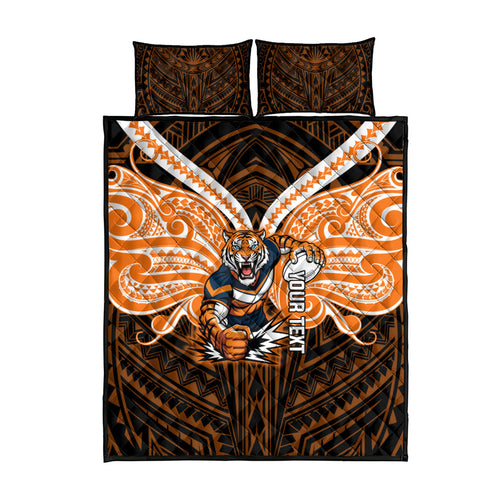 Custom Wests Tigers Quilt Bed Set TigerWarrior Polynesia Islander Rugby Mascot