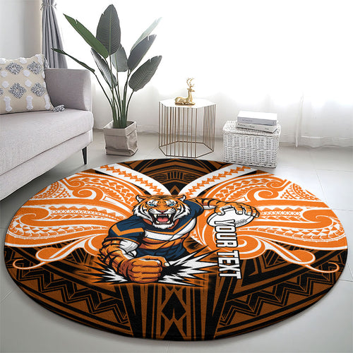 Custom Wests Tigers Round Carpet TigerWarrior Polynesia Islander Rugby Mascot