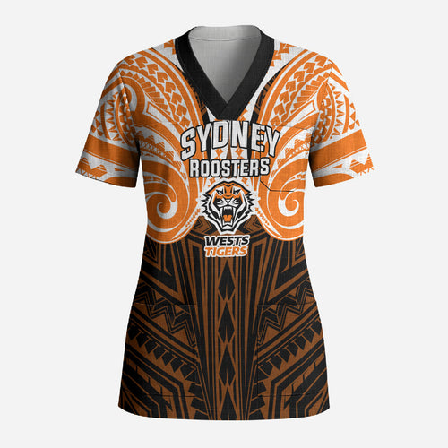 Custom Wests Tigers Scrub Top TigerWarrior Polynesia Islander Rugby Mascot