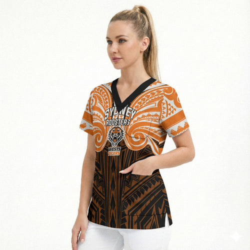 Custom Wests Tigers Scrub Top TigerWarrior Polynesia Islander Rugby Mascot