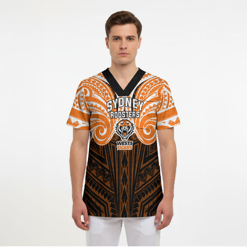 Custom Wests Tigers Scrub Top TigerWarrior Polynesia Islander Rugby Mascot