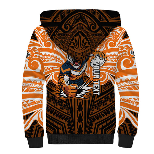 Custom Wests Tigers Sherpa Hoodie TigerWarrior Polynesia Islander Rugby Mascot