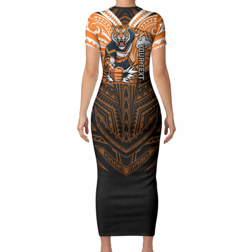 Custom Wests Tigers Short Sleeve Bodycon Dress TigerWarrior Polynesia Islander Rugby Mascot