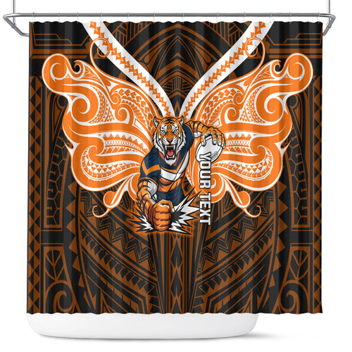 Custom Wests Tigers Shower Curtain TigerWarrior Polynesia Islander Rugby Mascot