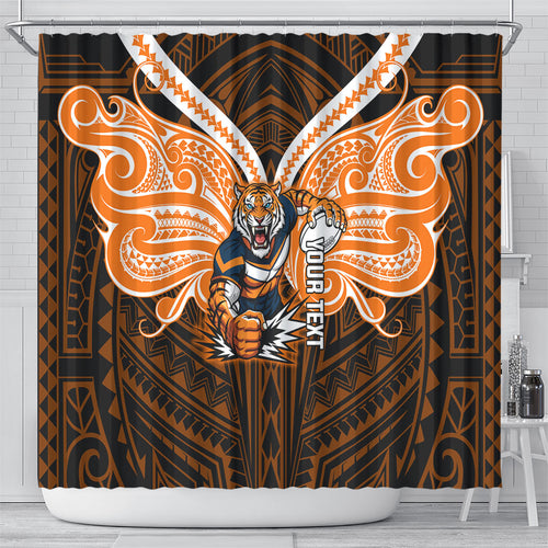 Custom Wests Tigers Shower Curtain TigerWarrior Polynesia Islander Rugby Mascot
