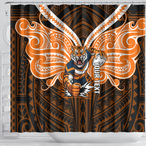 Custom Wests Tigers Shower Curtain TigerWarrior Polynesia Islander Rugby Mascot