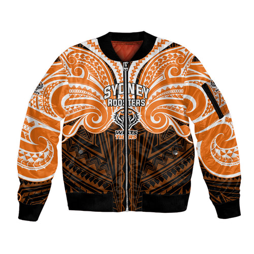 Custom Wests Tigers Sleeve Zip Bomber Jacket TigerWarrior Polynesia Islander Rugby Mascot
