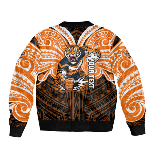 Custom Wests Tigers Sleeve Zip Bomber Jacket TigerWarrior Polynesia Islander Rugby Mascot