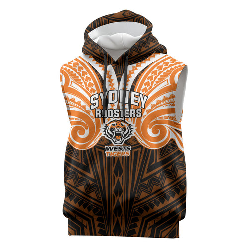 Custom Wests Tigers Sleeveless Hoodie TigerWarrior Polynesia Islander Rugby Mascot