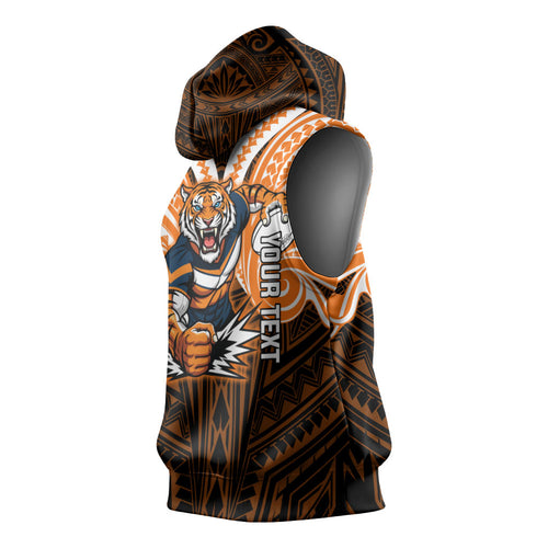 Custom Wests Tigers Sleeveless Hoodie TigerWarrior Polynesia Islander Rugby Mascot