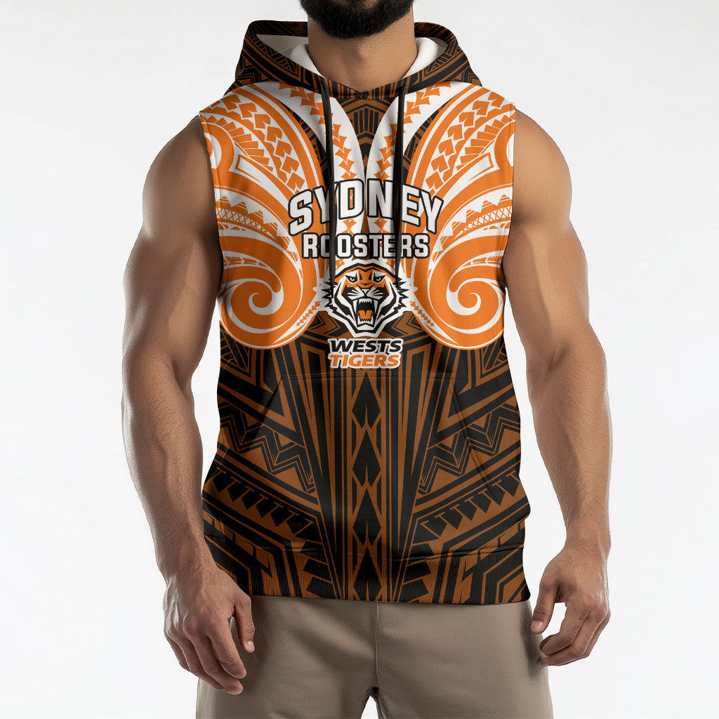 Custom Wests Tigers Sleeveless Hoodie TigerWarrior Polynesia Islander Rugby Mascot