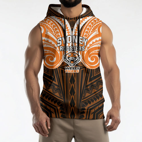Custom Wests Tigers Sleeveless Hoodie TigerWarrior Polynesia Islander Rugby Mascot
