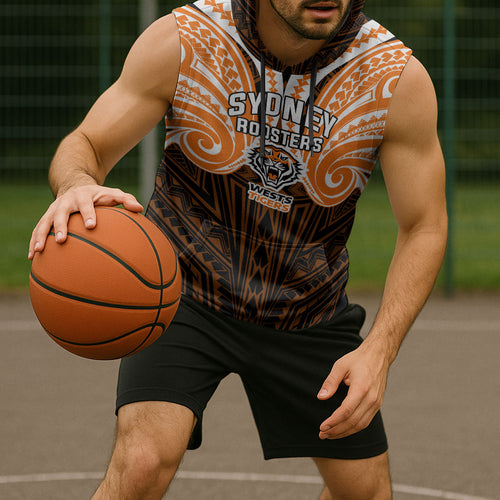 Custom Wests Tigers Sleeveless Hoodie TigerWarrior Polynesia Islander Rugby Mascot
