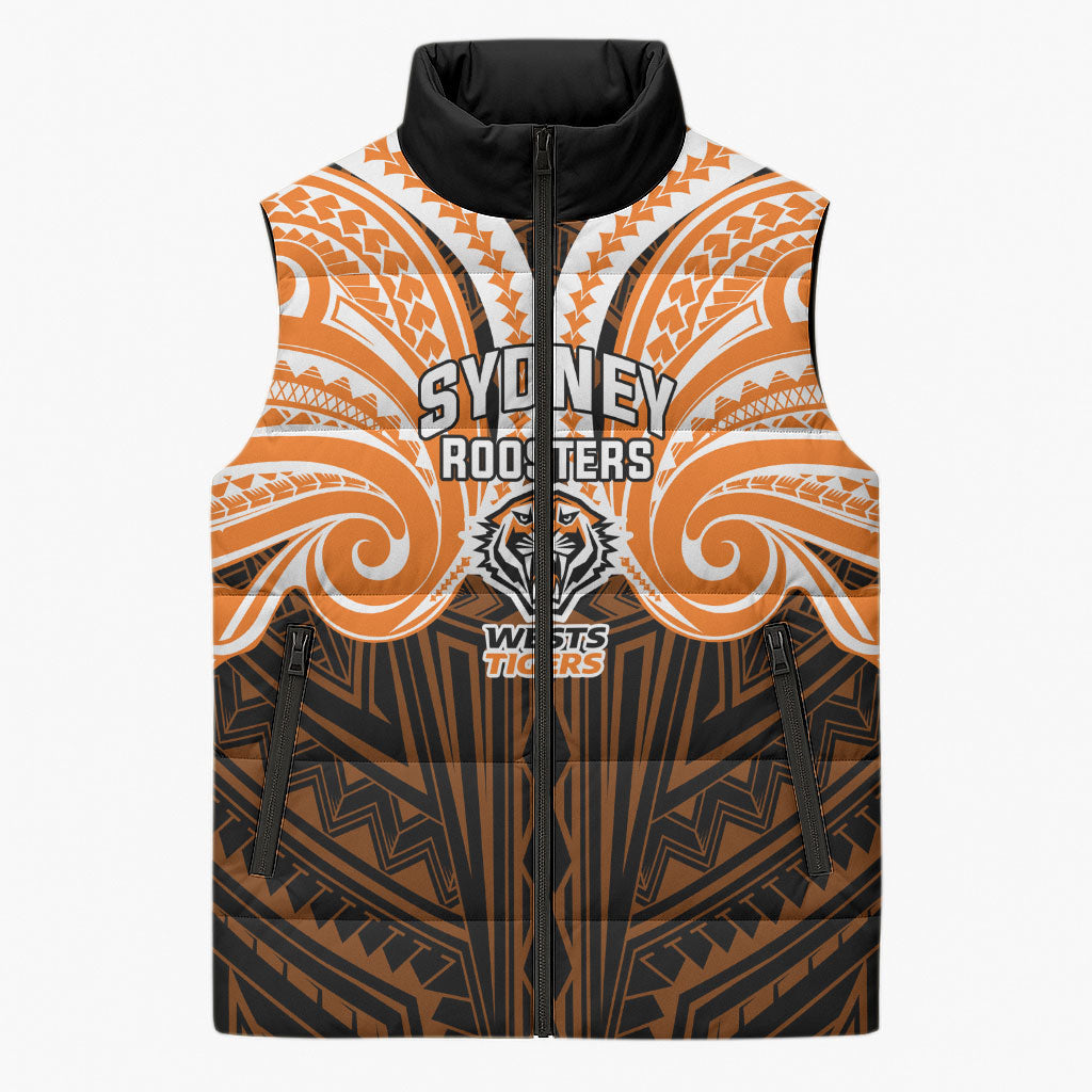 Custom Wests Tigers Sleeveless Puffer Jacket TigerWarrior Polynesia Islander Rugby Mascot