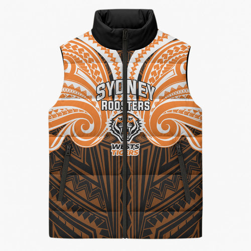 Custom Wests Tigers Sleeveless Puffer Jacket TigerWarrior Polynesia Islander Rugby Mascot