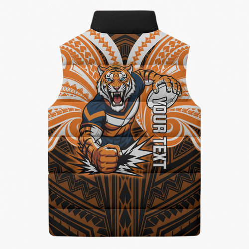 Custom Wests Tigers Sleeveless Puffer Jacket TigerWarrior Polynesia Islander Rugby Mascot