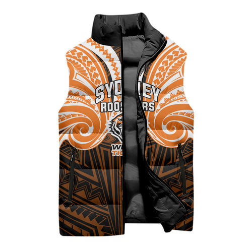 Custom Wests Tigers Sleeveless Puffer Jacket TigerWarrior Polynesia Islander Rugby Mascot