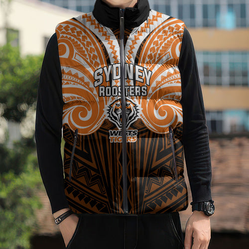 Custom Wests Tigers Sleeveless Puffer Jacket TigerWarrior Polynesia Islander Rugby Mascot
