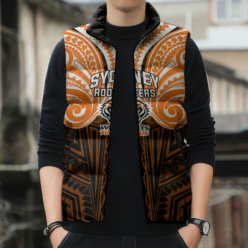 Custom Wests Tigers Sleeveless Puffer Jacket TigerWarrior Polynesia Islander Rugby Mascot