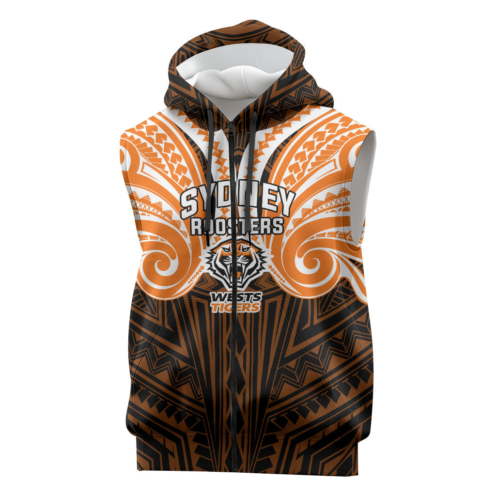 Custom Wests Tigers Sleeveless Zip Hoodie TigerWarrior Polynesia Islander Rugby Mascot