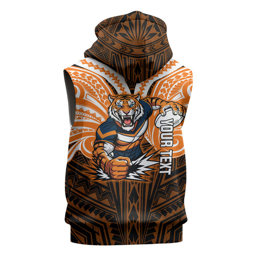 Custom Wests Tigers Sleeveless Zip Hoodie TigerWarrior Polynesia Islander Rugby Mascot