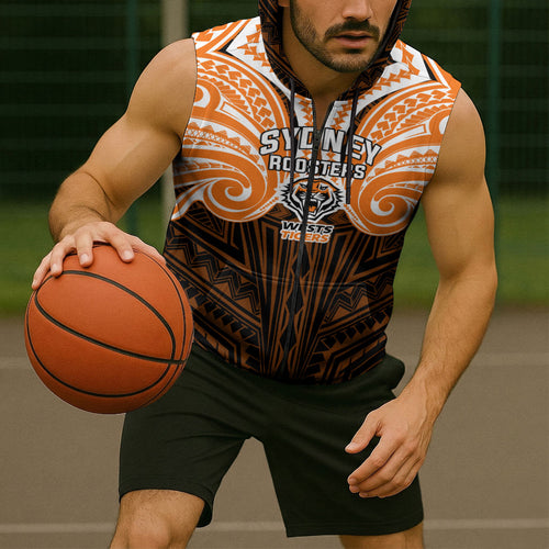 Custom Wests Tigers Sleeveless Zip Hoodie TigerWarrior Polynesia Islander Rugby Mascot