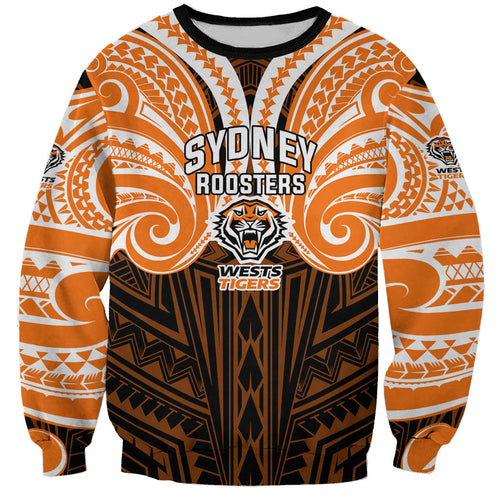 Custom Wests Tigers Sweatshirt TigerWarrior Polynesia Islander Rugby Mascot