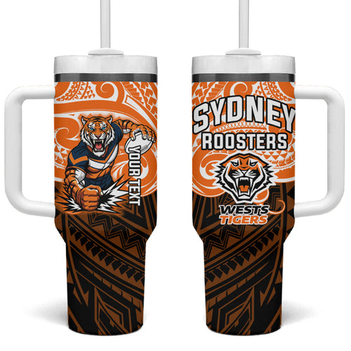 Custom Wests Tigers Tumbler With Handle TigerWarrior Polynesia Islander Rugby Mascot