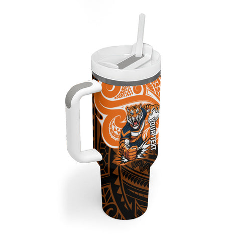 Custom Wests Tigers Tumbler With Handle TigerWarrior Polynesia Islander Rugby Mascot