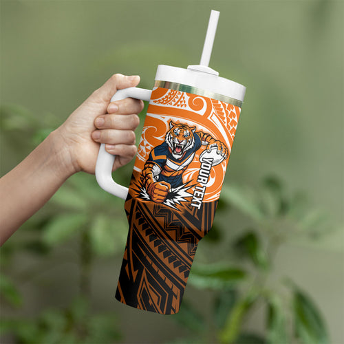 Custom Wests Tigers Tumbler With Handle TigerWarrior Polynesia Islander Rugby Mascot