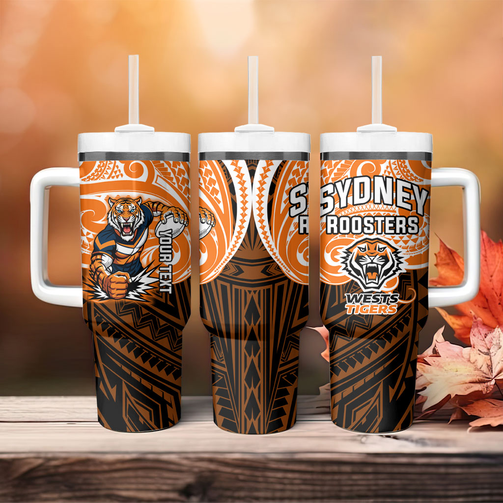 Custom Wests Tigers Tumbler With Handle TigerWarrior Polynesia Islander Rugby Mascot