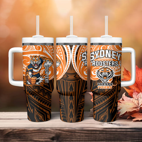 Custom Wests Tigers Tumbler With Handle TigerWarrior Polynesia Islander Rugby Mascot