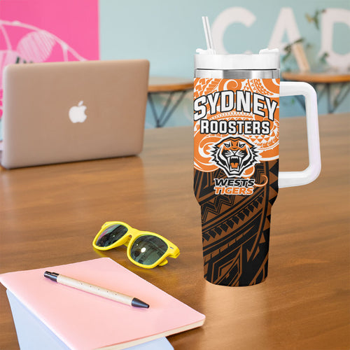 Custom Wests Tigers Tumbler With Handle TigerWarrior Polynesia Islander Rugby Mascot