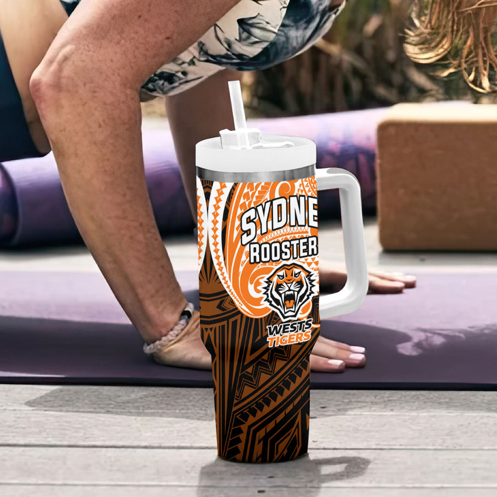 Custom Wests Tigers Tumbler With Handle TigerWarrior Polynesia Islander Rugby Mascot